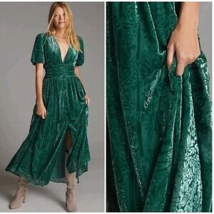 Anthropologie Puff-Sleeved Velvet Burnout Maxi Dress Green 00 P Renaissance